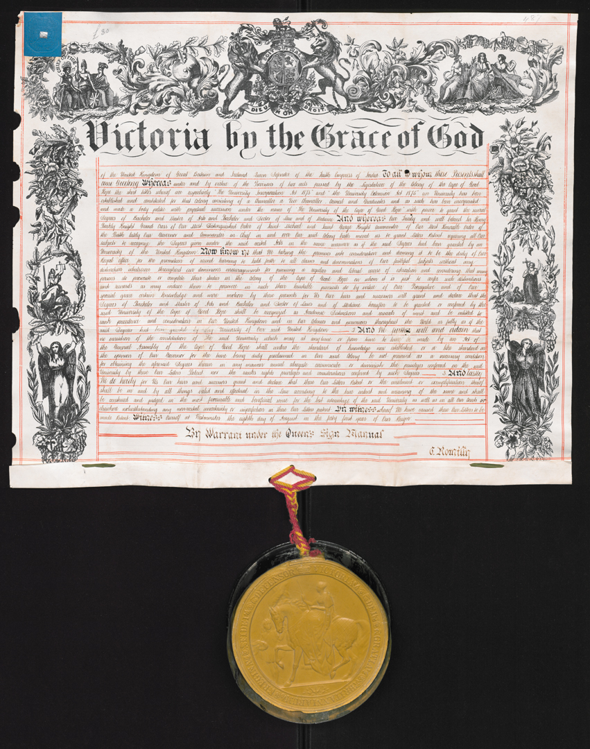<p>Queen Victoria bestows a royal charter on the University of the Cape of Good Hope, signifying that its degrees are &ldquo;not in any way inferior&rdquo; to those awarded in Great Britain.</p>